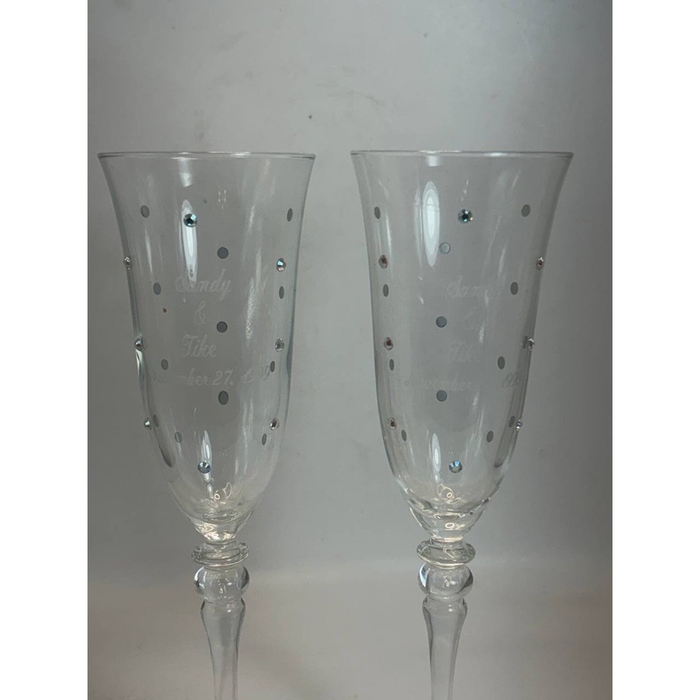 Vintage Etched Crystal Champagne Flutes Rhinestone Polka Dot Toasting Glasses 2p